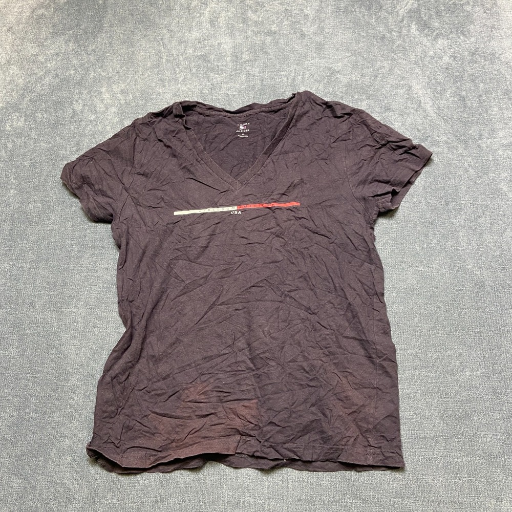 VTG Tommy Hilfiger T Shirt Women M Brown Cotton Graphic Logo V-Neck Short Sleeve